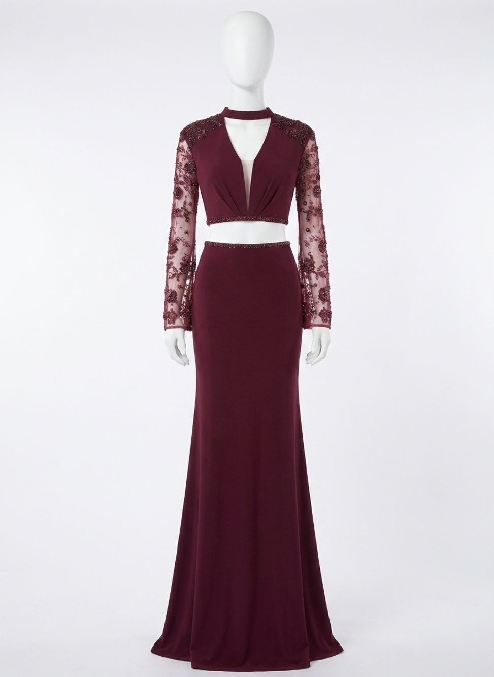 NEW RACHEL ALLAN two-piece jersey evening gown in black cherry